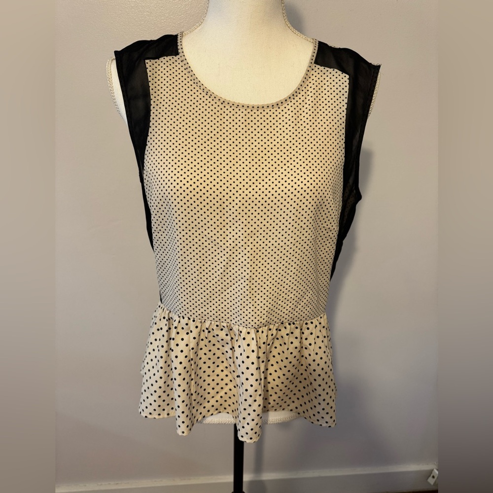 Petticoat Alley, sleeveless flare top with ruffle, black and white dot, Medium